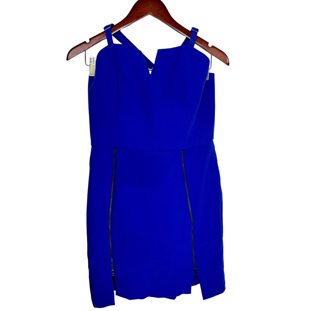 Adelyn Rae Dress Womens Medium Blue Zipper V Neck Bodycon Mini Strappy